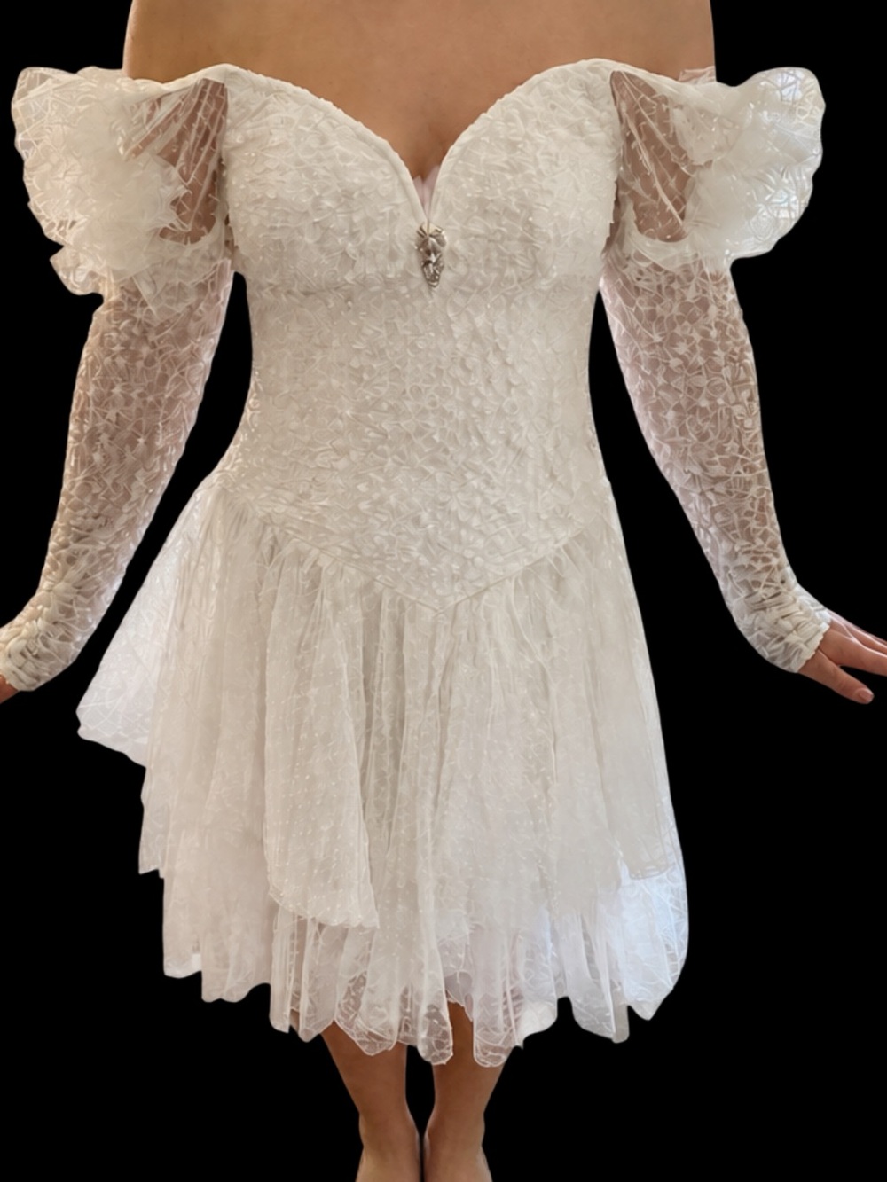 Vintage 1980s Loriann White  High-Low Party Dress with Dramatic Sleeves